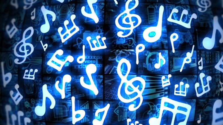 Multiple glowing blue musical notes and symbols float against a dark digital background, capturing the energy of the 2025 Milton Summer Concert Series with abstract patterns and icons.