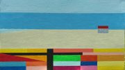 A geometric, abstract art painting of a beach scene with blue sky, ocean, sand, a small red-roofed structure, and colorful rectangular shapes in the foreground—perfect for any Milton or Wotiz Gallery collection.