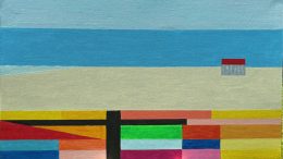 A geometric, abstract art painting of a beach scene with blue sky, ocean, sand, a small red-roofed structure, and colorful rectangular shapes in the foreground—perfect for any Milton or Wotiz Gallery collection.