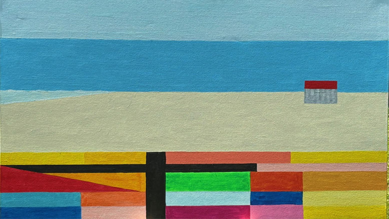 A geometric, abstract art painting of a beach scene with blue sky, ocean, sand, a small red-roofed structure, and colorful rectangular shapes in the foreground—perfect for any Milton or Wotiz Gallery collection.