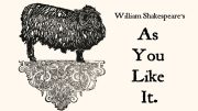 A black sheep stands on an ornate pedestal beside the text "William Shakespeare's As You Like It," as part of Shakespeare under the Stars at the Eustis Estate.