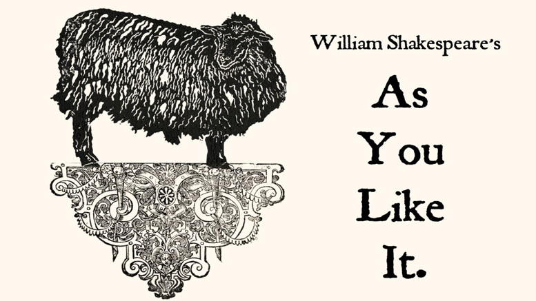 A black sheep stands on an ornate pedestal beside the text "William Shakespeare's As You Like It," as part of Shakespeare under the Stars at the Eustis Estate.
