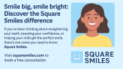 A promotional graphic for Square Smiles in Milton featuring an illustrated woman smiling, text about teeth straightening, and a website link to book your free consultation.