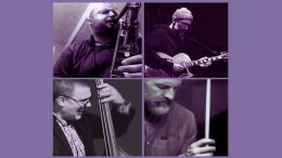 A collage of four musicians—one playing saxophone, one on guitar, upright bass, and drums—each in separate purple-tinted panels. Perfect for fans of Live Jazz or as inspiration for your next visit to the Eustis Estate.