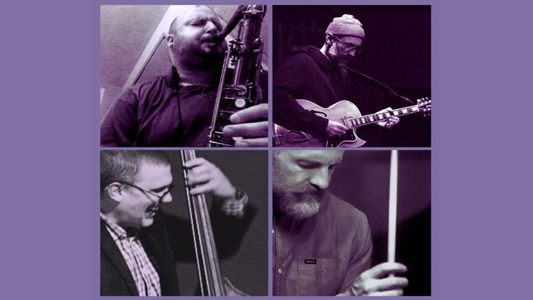A collage of four musicians—one playing saxophone, one on guitar, upright bass, and drums—each in separate purple-tinted panels. Perfect for fans of Live Jazz or as inspiration for your next visit to the Eustis Estate.
