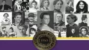 A collage of historical and modern portraits of notable women with varied expressions, centered above a County of Norfolk seal on a purple and yellow background.