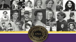 A collage of historical and modern portraits of notable women with varied expressions, centered above a County of Norfolk seal on a purple and yellow background.