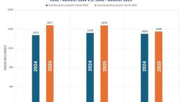 Bar chart comparing total deeds recorded per month in Norfolk County real estate from June to August 2024 and August 2025, showing higher numbers in each month for 2025.